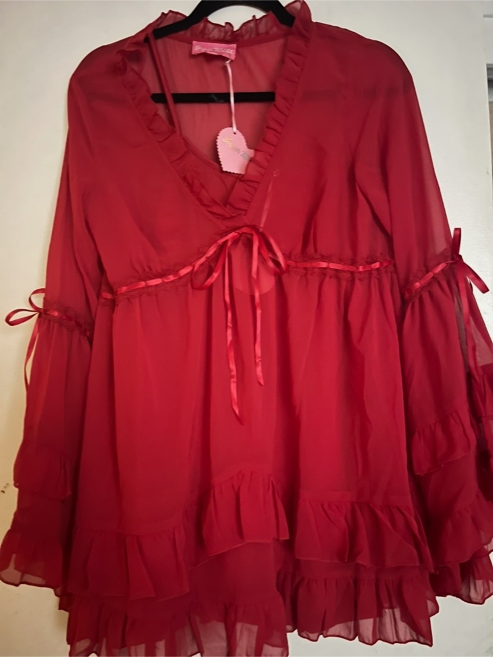 Sugar Thrillz Real Divinity Sheer Red Bell Sleeve Dress NWT M